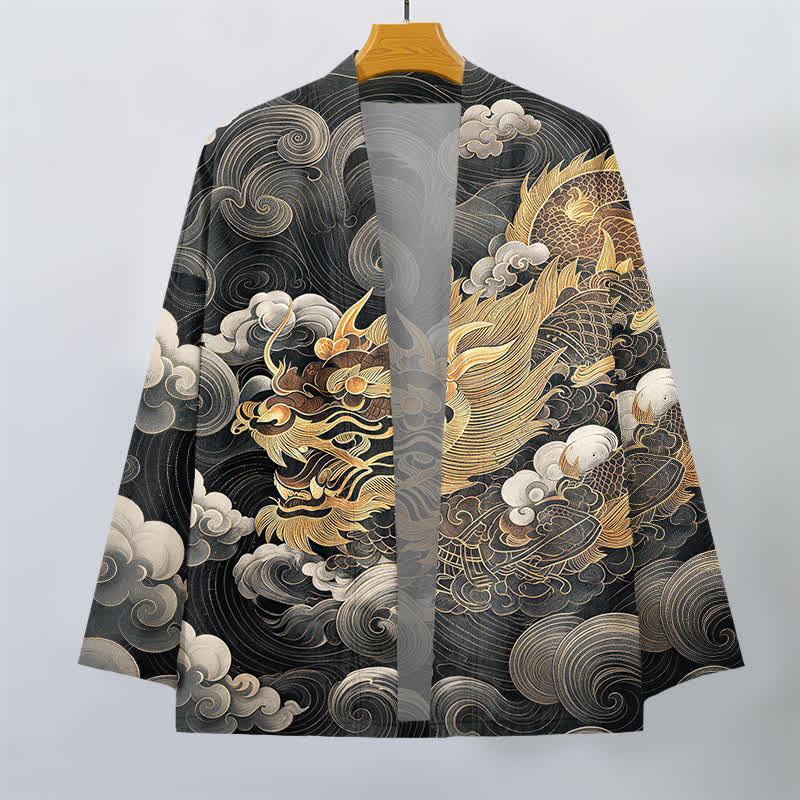 Buddha Stones Cotton Golden Dragon Cloud Pattern Open Front Men's Kimono - image 1