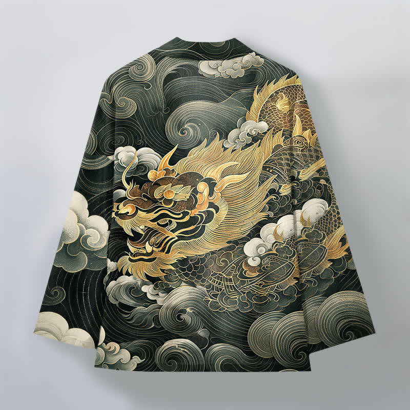 Buddha Stones Cotton Golden Dragon Cloud Pattern Open Front Men's Kimono - image 8