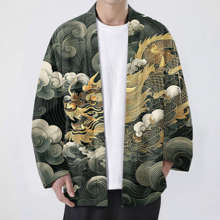 Buddha Stones Cotton Golden Dragon Cloud Pattern Open Front Men's Kimono - DarkGreen - US/UK/AU48，EU58 (4XL) - image 6