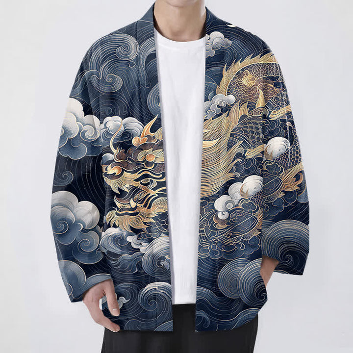 Buddha Stones Cotton Golden Dragon Cloud Pattern Open Front Men's Kimono - Navy - US/UK/AU48，EU58 (4XL) - image 9