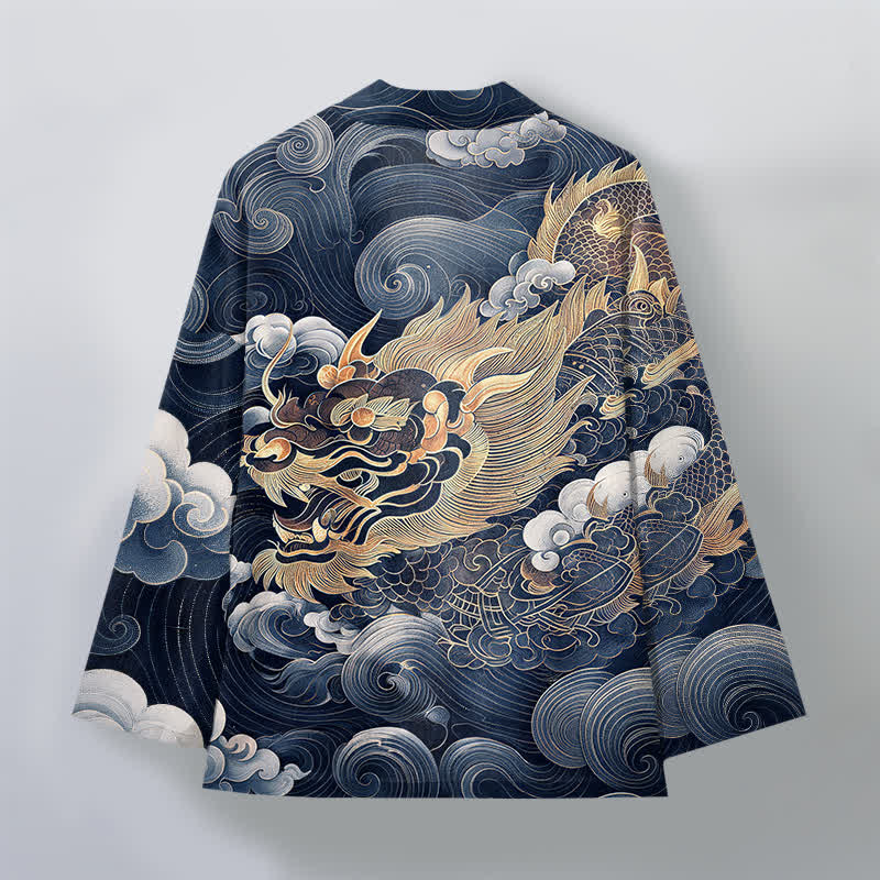 Buddha Stones Cotton Golden Dragon Cloud Pattern Open Front Men's Kimono - image 11