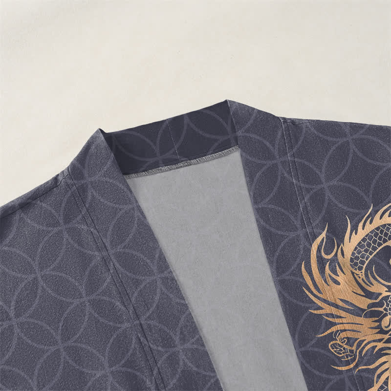 Buddha Stones Cotton Golden Dragon Geometric Circle Pattern Open Front Men's Kimono - image 3