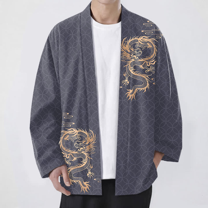 Buddha Stones Cotton Golden Dragon Geometric Circle Pattern Open Front Men's Kimono - SlateGray - US/UK/AU48，EU58 (4XL) - image 0