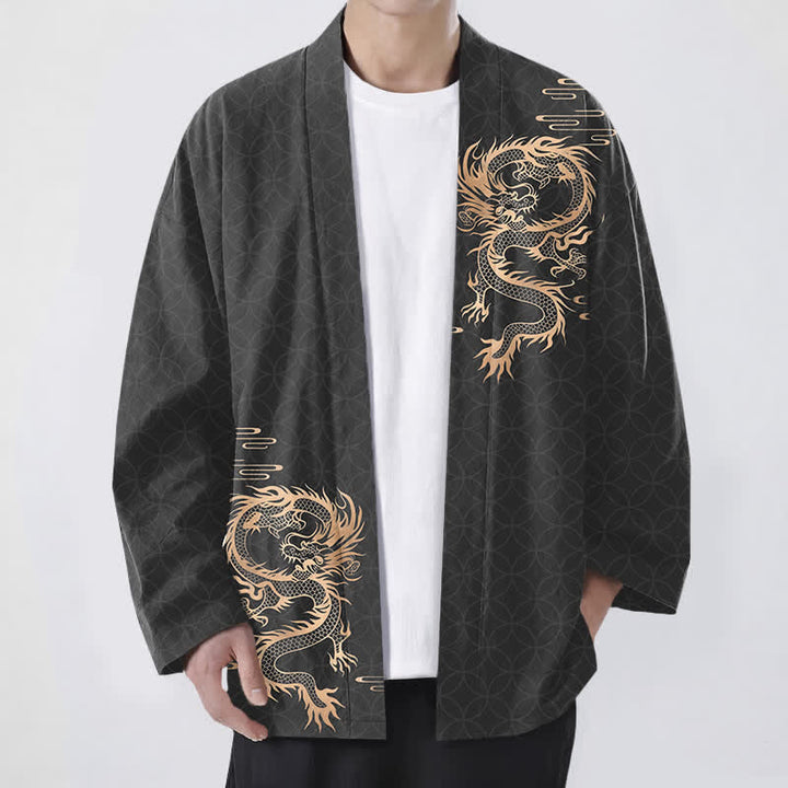 Buddha Stones Cotton Golden Dragon Geometric Circle Pattern Open Front Men's Kimono - Black - US/UK/AU48，EU58 (4XL) - image 6