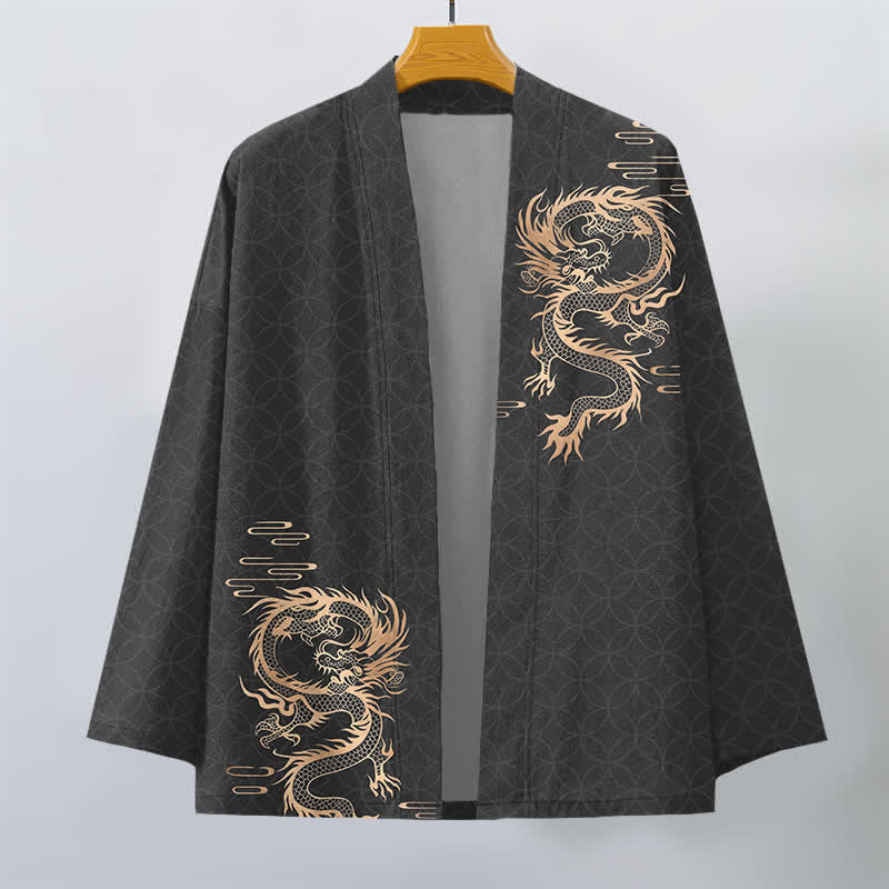 Buddha Stones Cotton Golden Dragon Geometric Circle Pattern Open Front Men's Kimono - image 7
