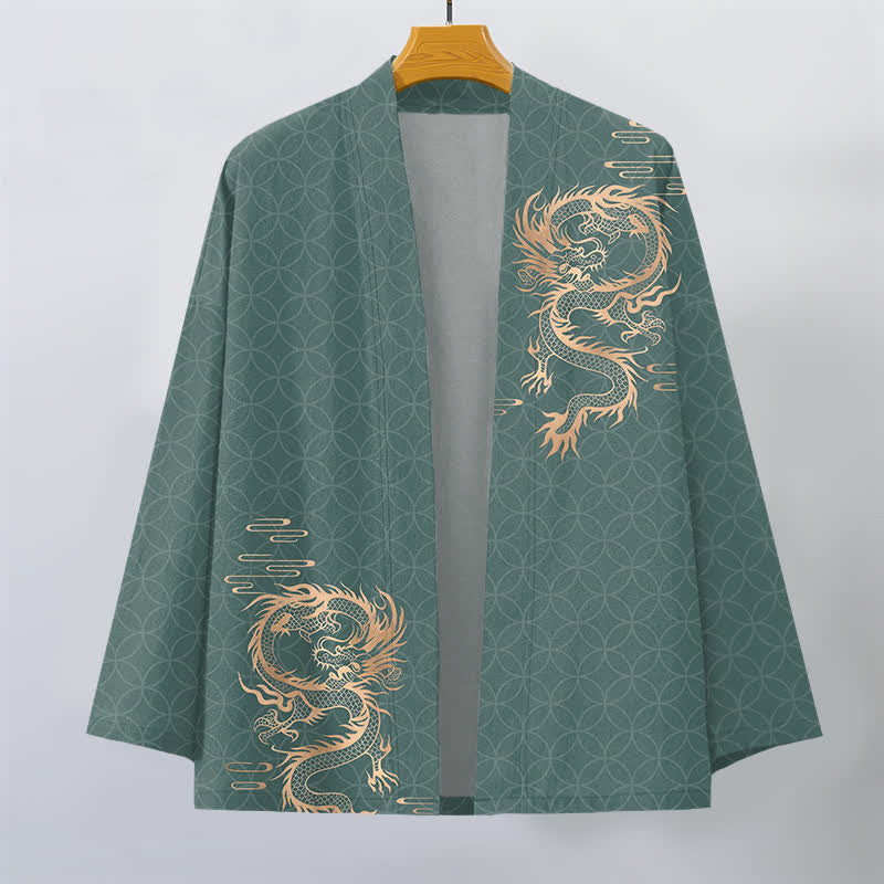 Buddha Stones Cotton Golden Dragon Geometric Circle Pattern Open Front Men's Kimono - image 10