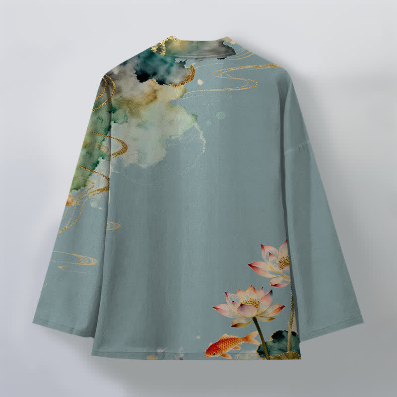 Buddha Stones Cotton Lotus Koi Ink Cloud Pattern Open Front Men's Kimono - image 2