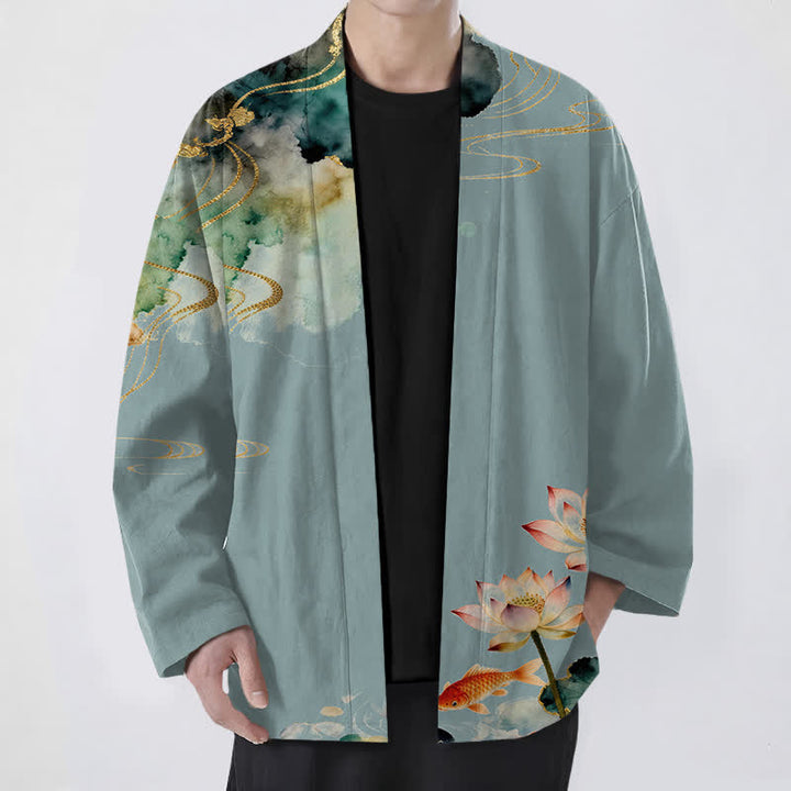Buddha Stones Cotton Lotus Koi Ink Cloud Pattern Open Front Men's Kimono - CadetBlue - US/UK/AU48，EU58 (4XL) - image 0