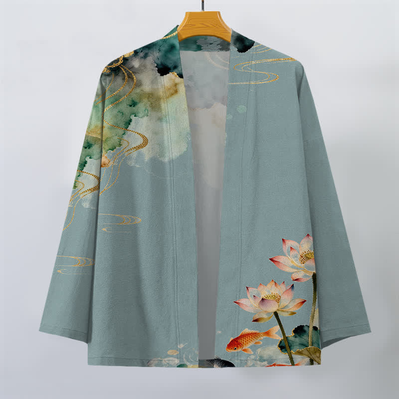 Buddha Stones Cotton Lotus Koi Ink Cloud Pattern Open Front Men's Kimono - image 1