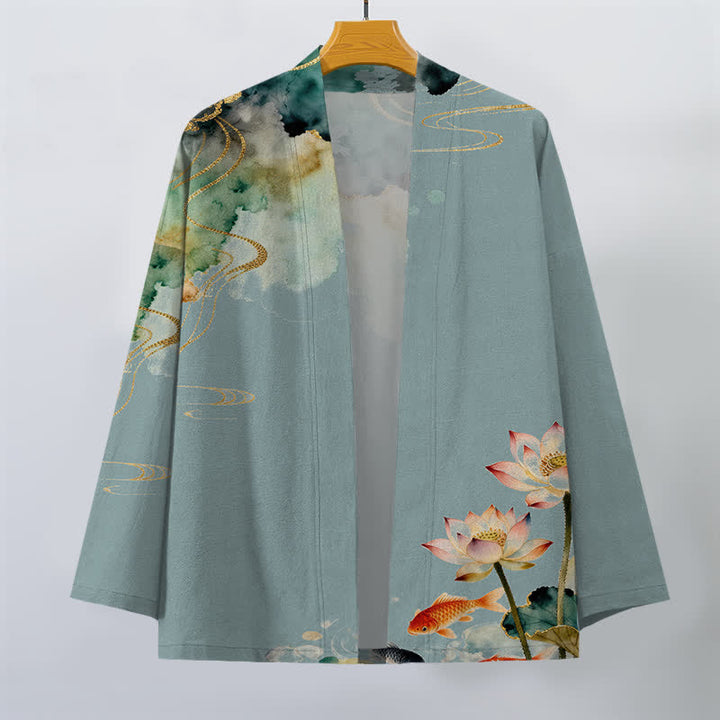 Buddha Stones Cotton Lotus Koi Ink Cloud Pattern Open Front Men's Kimono - image 1