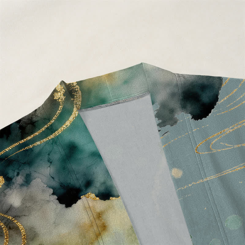 Buddha Stones Cotton Lotus Koi Ink Cloud Pattern Open Front Men's Kimono - image 3