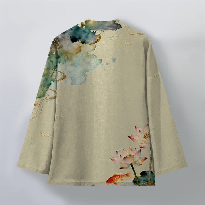 Buddha Stones Cotton Lotus Koi Ink Cloud Pattern Open Front Men's Kimono - image 8