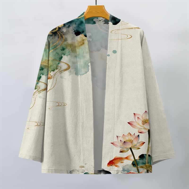 Buddha Stones Cotton Lotus Koi Ink Cloud Pattern Open Front Men's Kimono - image 10