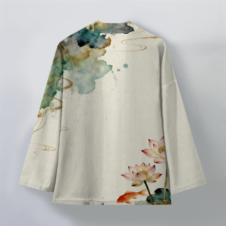 Buddha Stones Cotton Lotus Koi Ink Cloud Pattern Open Front Men's Kimono - image 11