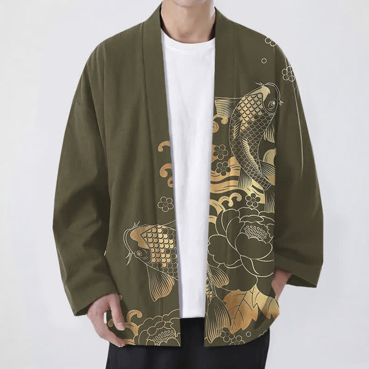 Buddha Stones Cotton Golden Koi Floral Pattern Open Front Men's Kimono - Olive - US/UK/AU48，EU58 (4XL) - image 0