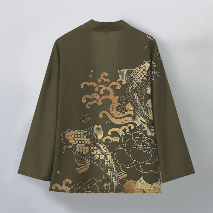Buddha Stones Cotton Golden Koi Floral Pattern Open Front Men's Kimono - image 2