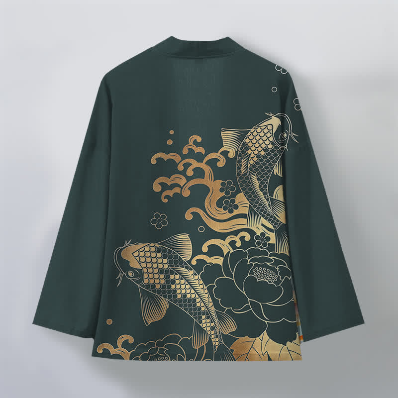 Buddha Stones Cotton Golden Koi Floral Pattern Open Front Men's Kimono - image 8