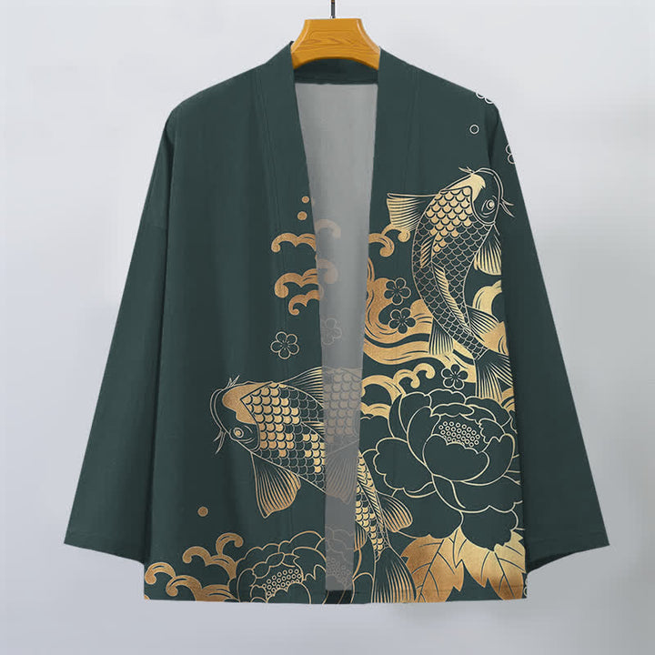 Buddha Stones Cotton Golden Koi Floral Pattern Open Front Men's Kimono - image 7
