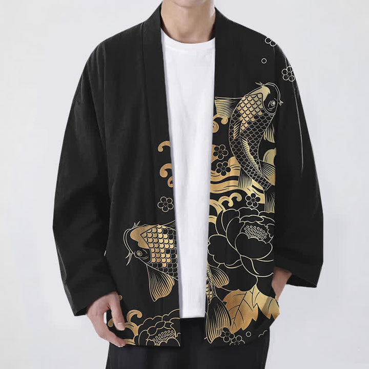 Buddha Stones Cotton Golden Koi Floral Pattern Open Front Men's Kimono - Black - US/UK/AU48，EU58 (4XL) - image 9