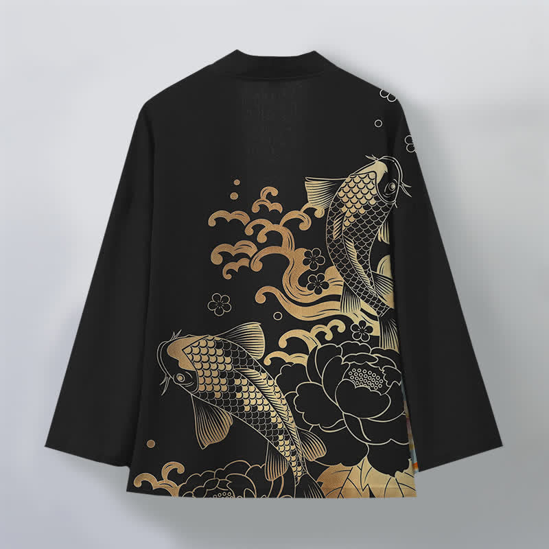 Buddha Stones Cotton Golden Koi Floral Pattern Open Front Men's Kimono - image 11