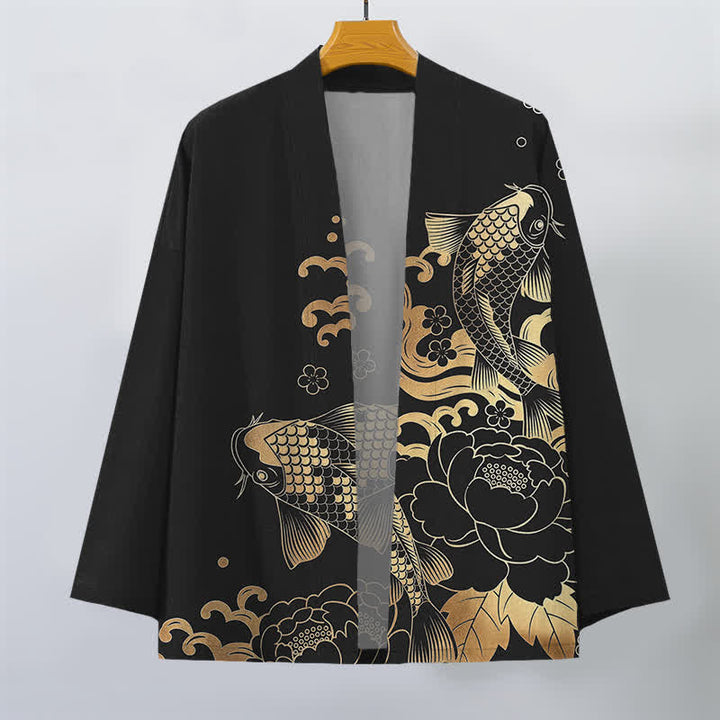 Buddha Stones Cotton Golden Koi Floral Pattern Open Front Men's Kimono - image 10