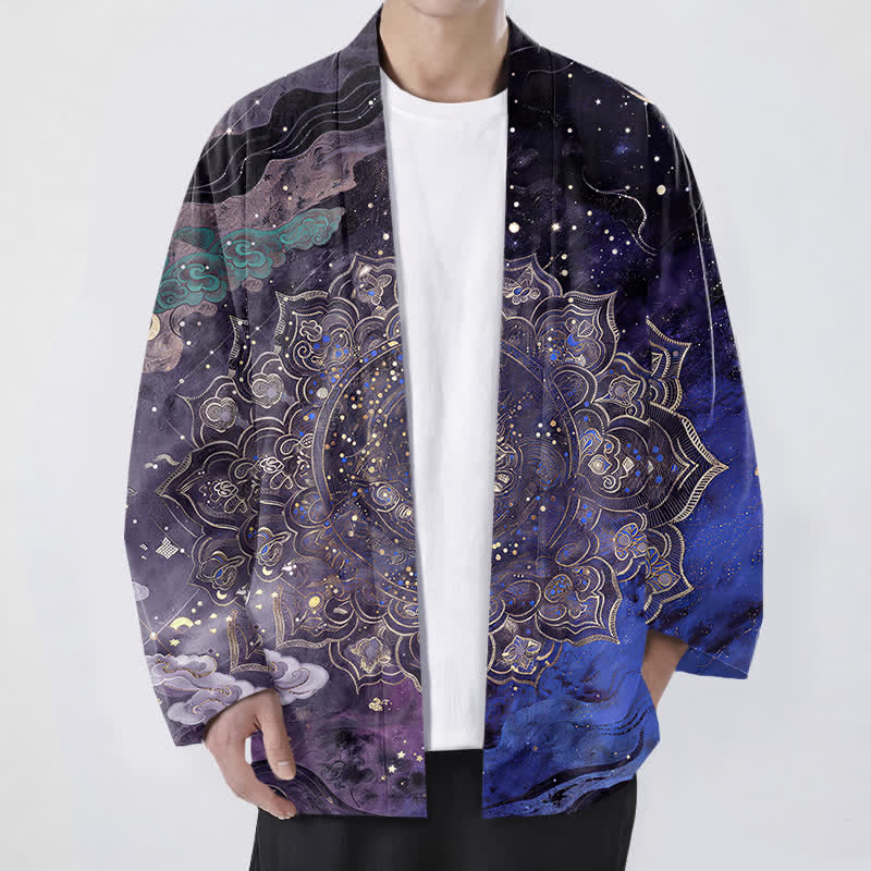 Buddha Stones Cotton Galactic Mandala Pattern Open Front Men's Kimono - Indigo - US/UK/AU48，EU58 (4XL) - image 0