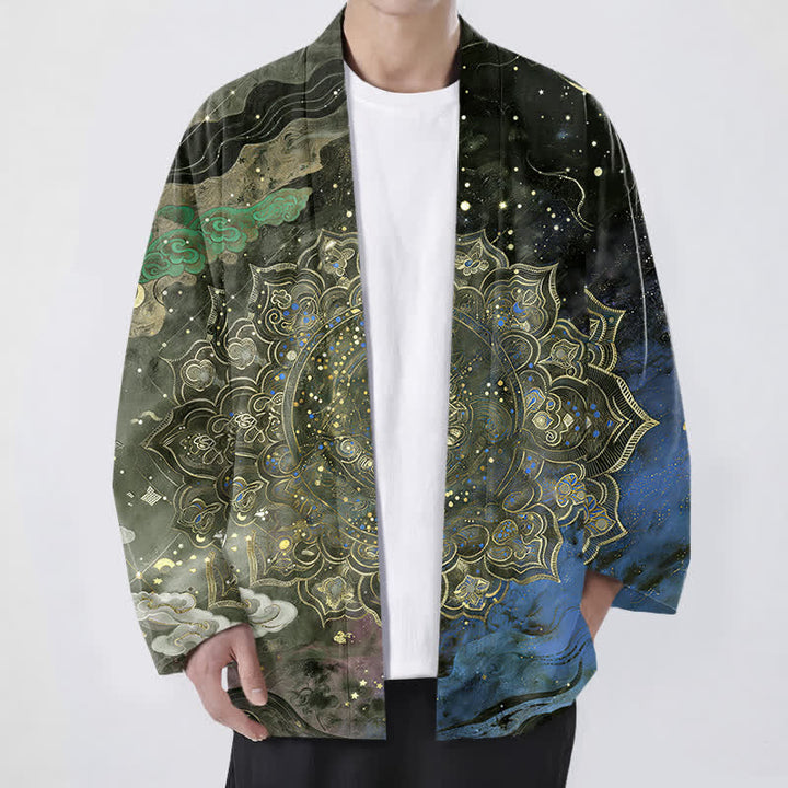 Buddha Stones Cotton Galactic Mandala Pattern Open Front Men's Kimono - DarkOliveGreen - US/UK/AU48，EU58 (4XL) - image 6