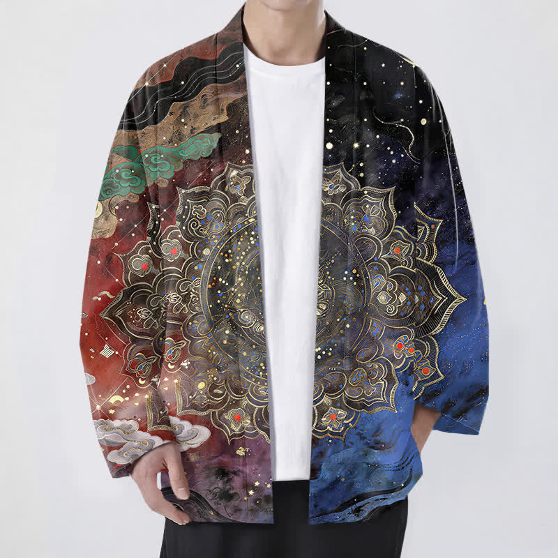 Buddha Stones Cotton Galactic Mandala Pattern Open Front Men's Kimono - FireBrick - US/UK/AU48，EU58 (4XL) - image 9
