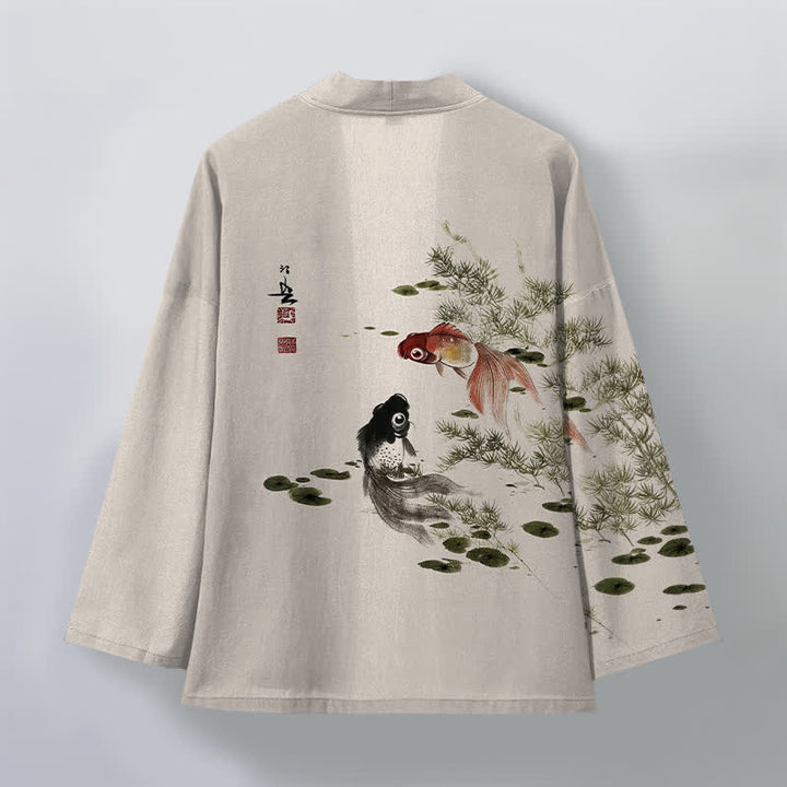Buddha Stones Cotton Koi Lotus Ink Wash Pattern Open Front Men's Kimono - image 2