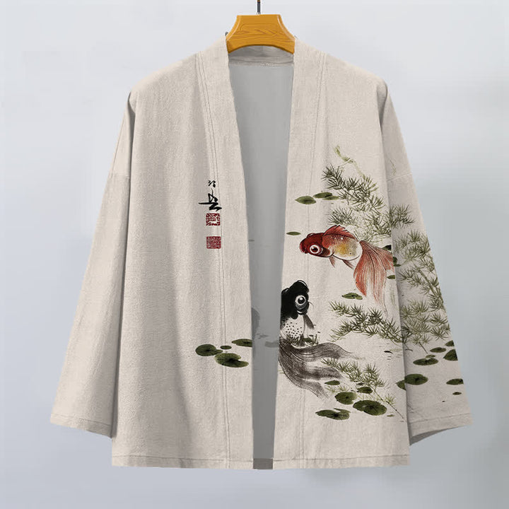 Buddha Stones Cotton Koi Lotus Ink Wash Pattern Open Front Men's Kimono - image 1