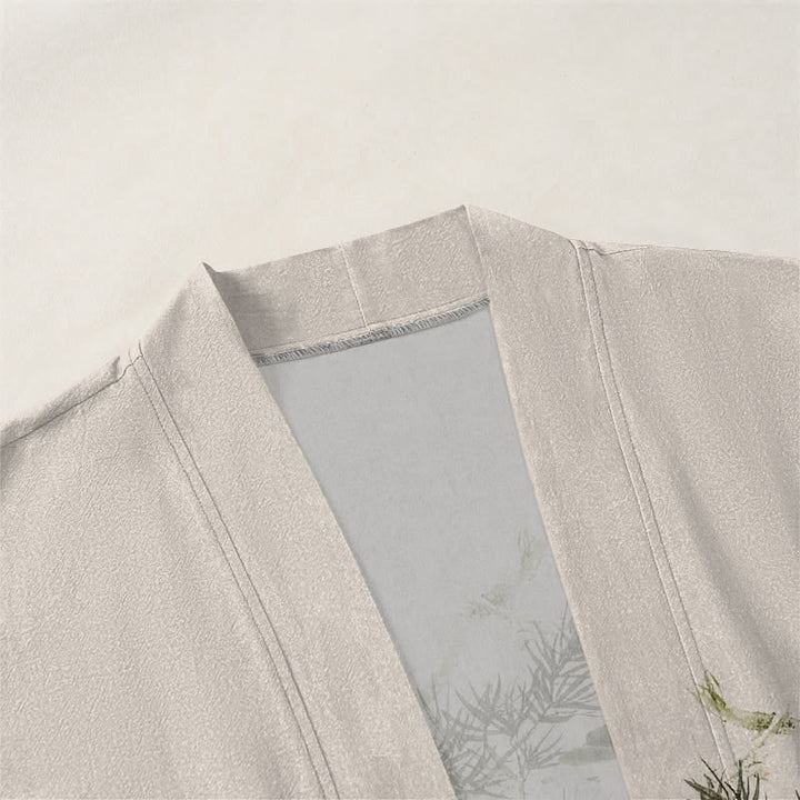 Buddha Stones Cotton Koi Lotus Ink Wash Pattern Open Front Men's Kimono - image 3