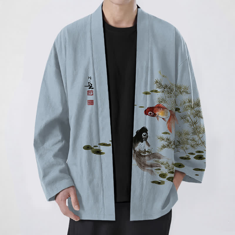 Buddha Stones Cotton Koi Lotus Ink Wash Pattern Open Front Men's Kimono - LightSteelBlue - US/UK/AU48，EU58 (4XL) - image 6
