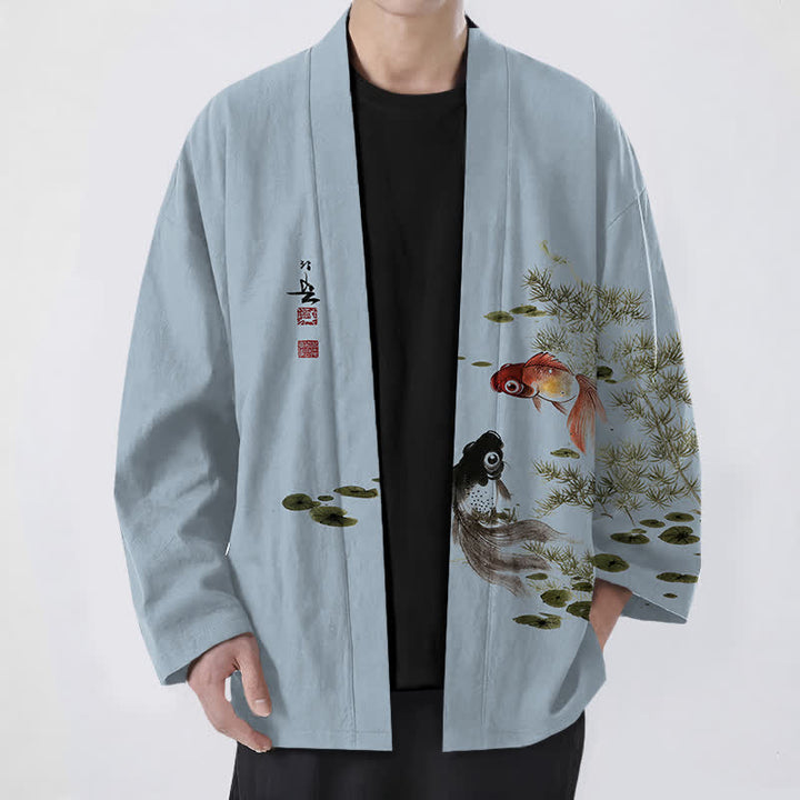 Buddha Stones Cotton Koi Lotus Ink Wash Pattern Open Front Men's Kimono - LightSteelBlue - US/UK/AU48，EU58 (4XL) - image 6