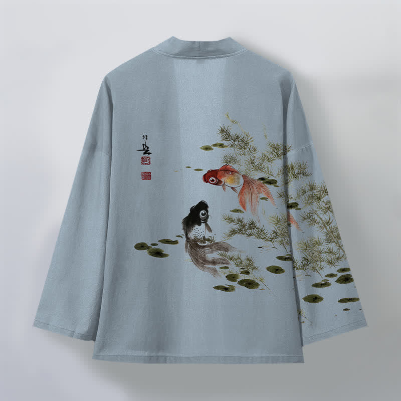 Buddha Stones Cotton Koi Lotus Ink Wash Pattern Open Front Men's Kimono - image 8