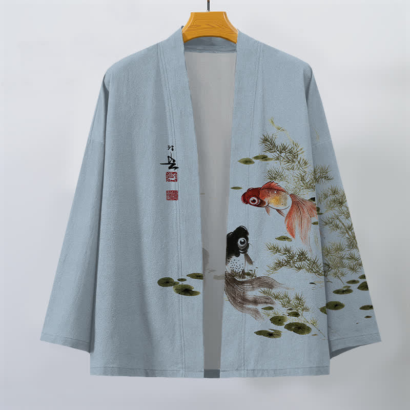 Buddha Stones Cotton Koi Lotus Ink Wash Pattern Open Front Men's Kimono - image 7