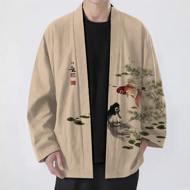 Buddha Stones Cotton Koi Lotus Ink Wash Pattern Open Front Men's Kimono - Wheat - US/UK/AU48，EU58 (4XL) - image 9