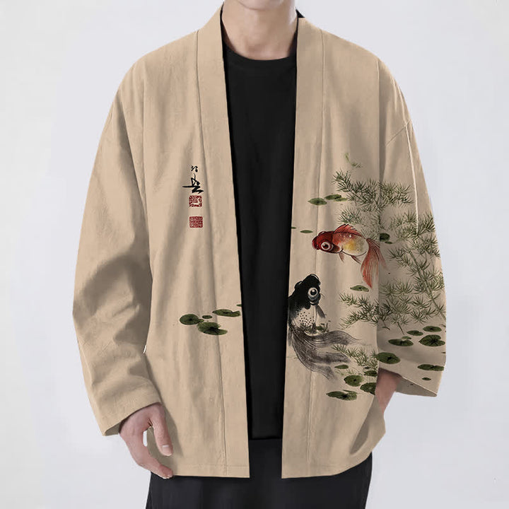 Buddha Stones Cotton Koi Lotus Ink Wash Pattern Open Front Men's Kimono - Wheat - US/UK/AU48，EU58 (4XL) - image 9