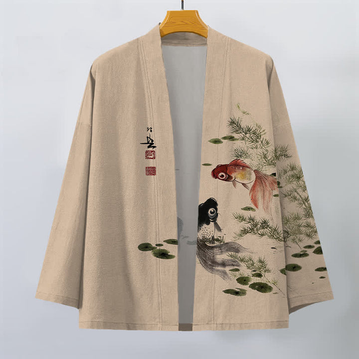 Buddha Stones Cotton Koi Lotus Ink Wash Pattern Open Front Men's Kimono - image 10
