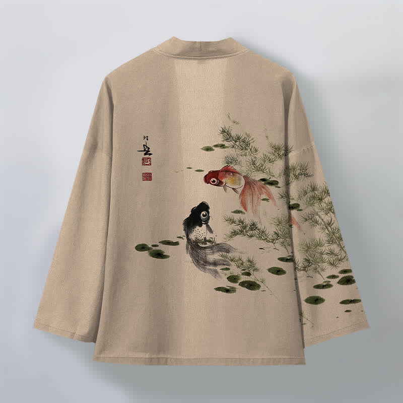 Buddha Stones Cotton Koi Lotus Ink Wash Pattern Open Front Men's Kimono - image 11