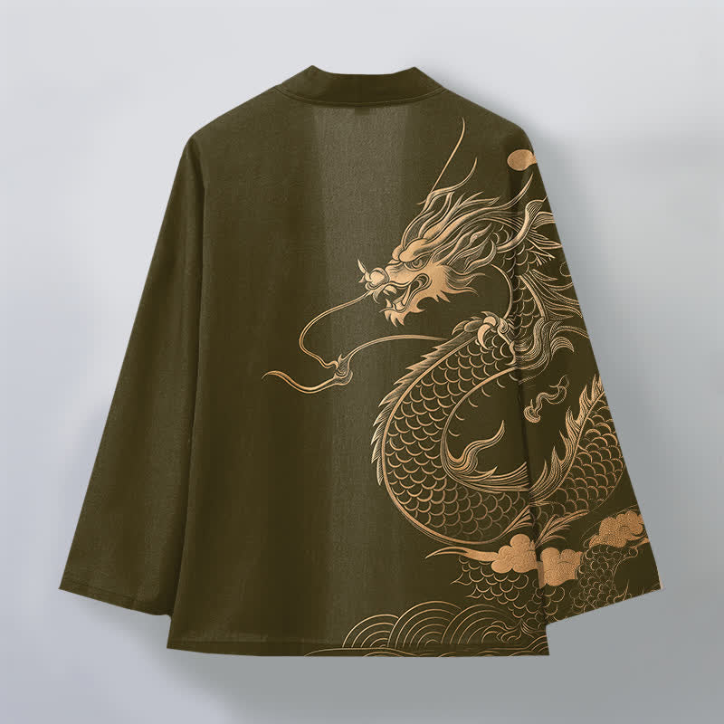 Buddha Stones Cotton Golden Dragon Cloud Wave Pattern Open Front Men's Kimono - image 2