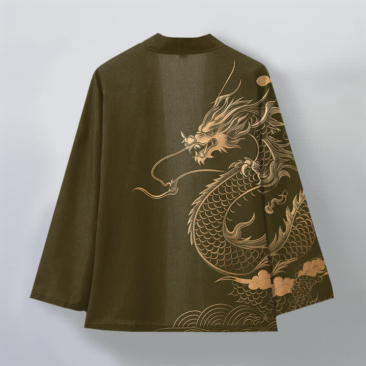 Buddha Stones Cotton Golden Dragon Cloud Wave Pattern Open Front Men's Kimono - image 2