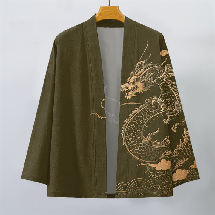 Buddha Stones Cotton Golden Dragon Cloud Wave Pattern Open Front Men's Kimono - image 1