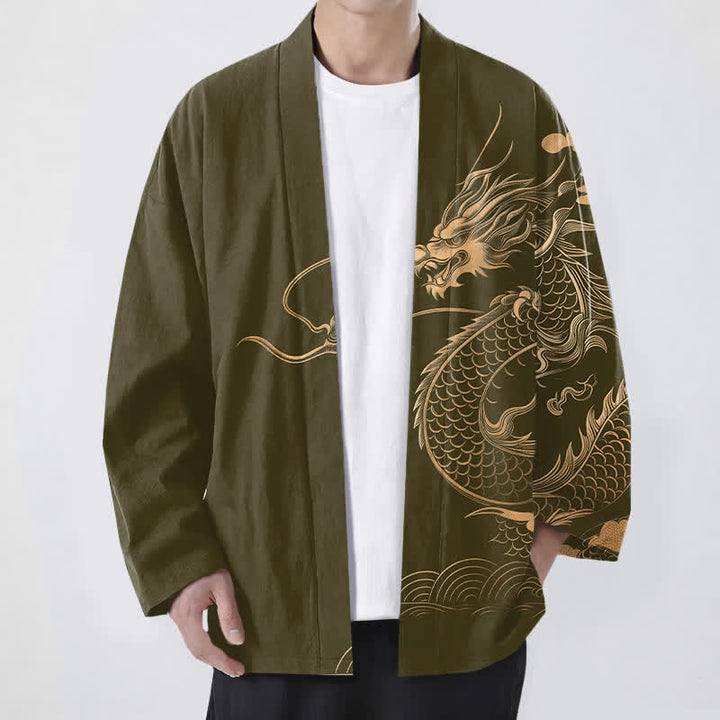 Buddha Stones Cotton Golden Dragon Cloud Wave Pattern Open Front Men's Kimono - Olive - US/UK/AU48，EU58 (4XL) - image 0
