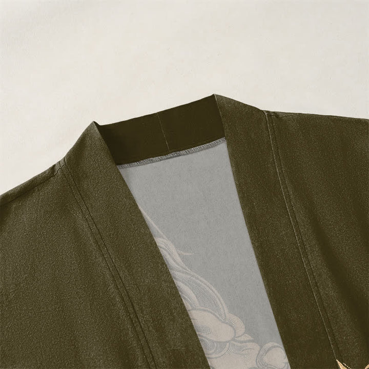 Buddha Stones Cotton Golden Dragon Cloud Wave Pattern Open Front Men's Kimono - image 3