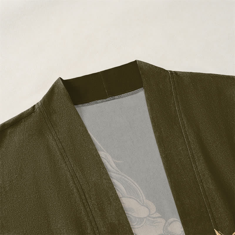 Buddha Stones Cotton Golden Dragon Cloud Wave Pattern Open Front Men's Kimono - image 3