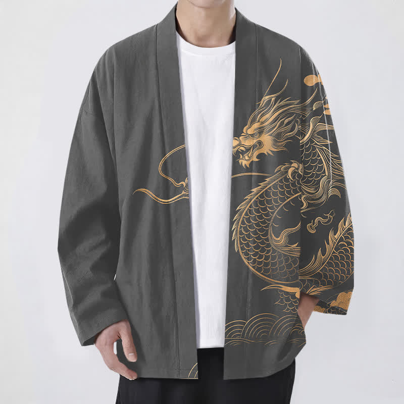 Buddha Stones Cotton Golden Dragon Cloud Wave Pattern Open Front Men's Kimono - DimGray - US/UK/AU48，EU58 (4XL) - image 6