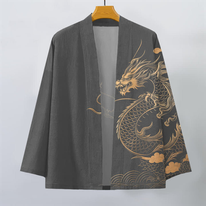 Buddha Stones Cotton Golden Dragon Cloud Wave Pattern Open Front Men's Kimono - image 7