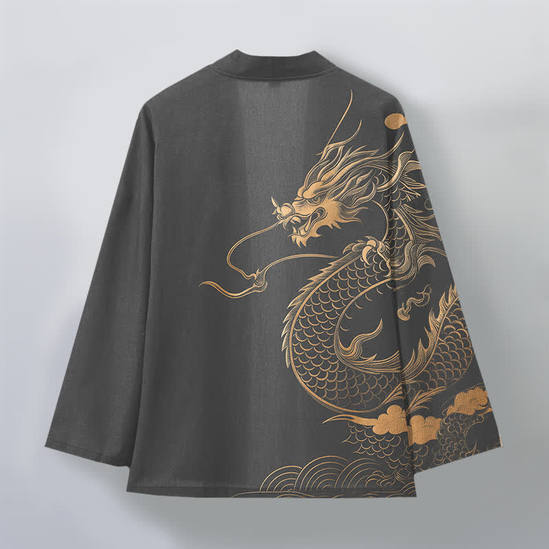 Buddha Stones Cotton Golden Dragon Cloud Wave Pattern Open Front Men's Kimono - image 8