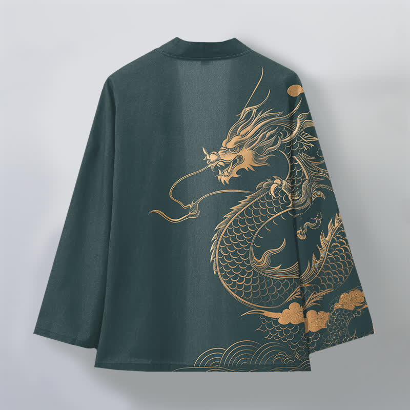 Buddha Stones Cotton Golden Dragon Cloud Wave Pattern Open Front Men's Kimono - image 11
