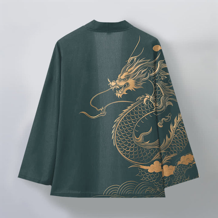Buddha Stones Cotton Golden Dragon Cloud Wave Pattern Open Front Men's Kimono - image 11